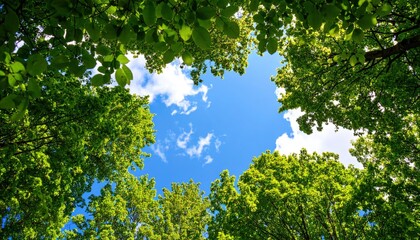 A serene view of a clear blue sky framed by vibrant green leaves, representing the beauty of nature and environmental tranquility.