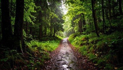 Obraz premium A tranquil forest path surrounded by lush greenery and trees, inviting nature enthusiasts to explore the serene landscape.