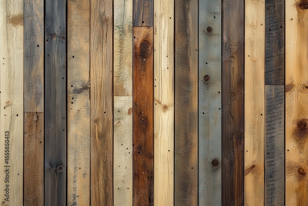 Poster rustic wood wall background with various color planks texture and nail holes. great for adding textu