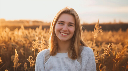 Portrait of a beautiful young woman smiling and looking at camera. Woman portrait