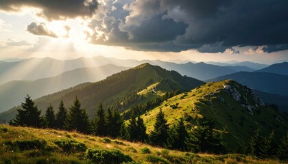 Fototapeta premium Breathtaking view of mountains under dramatic clouds, with sunlight breaking through, highlighting lush greenery.