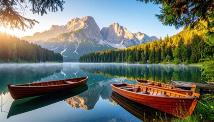 Obraz premium Serene lake surrounded by majestic mountains and lush forests, with wooden boats floating gently on the calm waters at sunrise.