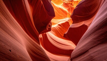 Obraz premium Stunning view of vibrant rock formations in a narrow canyon, illuminated by sunbeams creating a majestic atmosphere.
