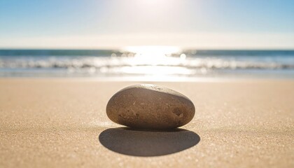 Large stone with sunlight reflection, nothing else around, background — fine sand and barely visible waves.