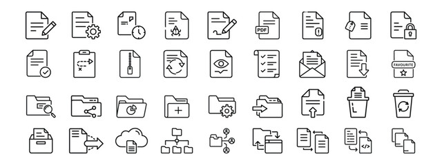 Obraz premium Line Icons Set for folder management, Document, PDF File, Folder Organization, Digital Management, file sharing, editing, encryption, data synchronization, privacy, PDF, favorite tags, directory