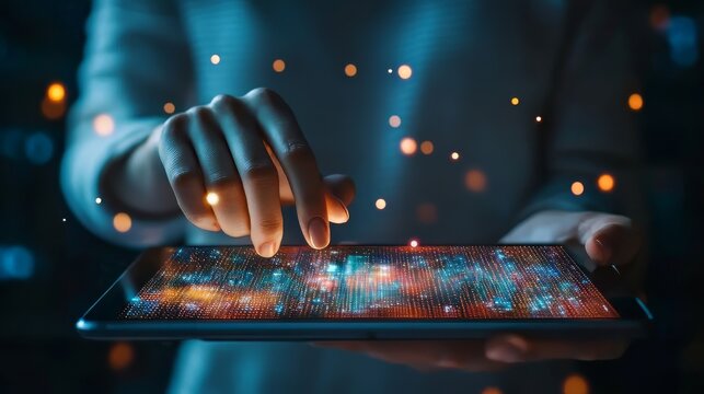 AI technology and data engineering. Programmer using digital tablet for data analytics and database management with network server