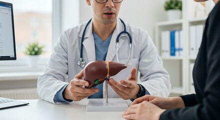 Doctor explains liver anatomy to a patient during a medical consultation.