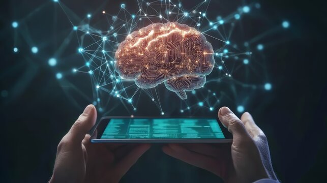 AI technology and data engineering. Programmer using digital tablet for data analytics and database management with network server