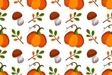 Autumn harvest seamless pattern. Vector illustration. Pumpkins, mushrooms, falling oak leaves, elements on white background.