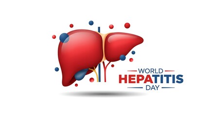 Illustration of a liver with blue and red spheres surrounding it, promoting World Hepatitis Day.