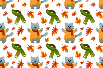 Autumn harvest seamless pattern. Vector illustration. Pumpkins, mushrooms, falling oak leaves, elements on white background.