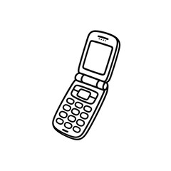 Simple black line drawing of a vintage flip phone.
