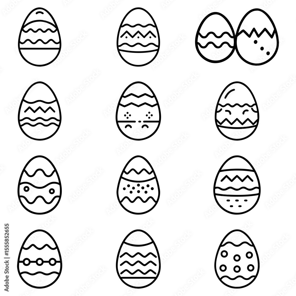 Poster collection of twelve easter eggs with different patterns and designs in a simple black outline style