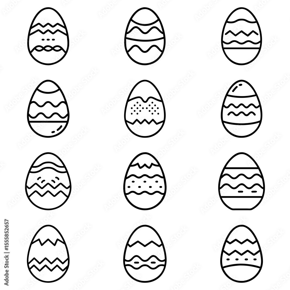 Poster collection of twelve easter eggs with different patterns in a simple black outline style design elem