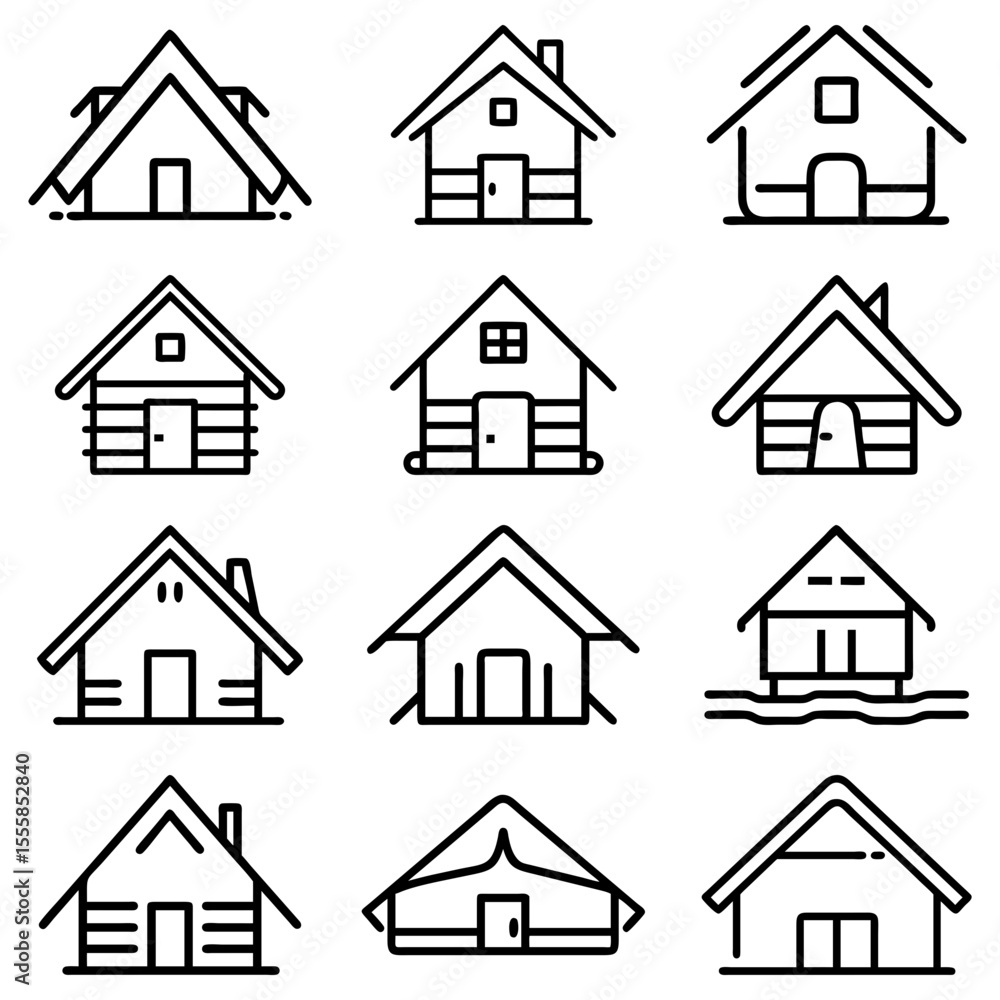 Poster collection of twelve outlined house icons with varying roof and window styles in a grid pattern