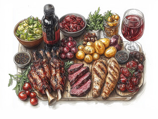 BBQ food tray chicken legs pork steaks meat potatoes tomato salad sauce wine. Hand draw sketch illustration isolated on white background
