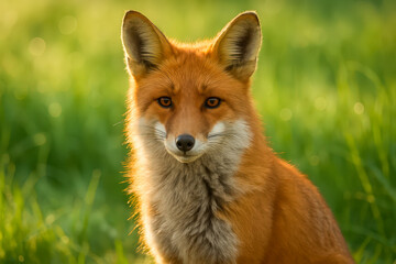 Fototapeta premium Close-Up Portrait of Red Fox in Sunlit Grass