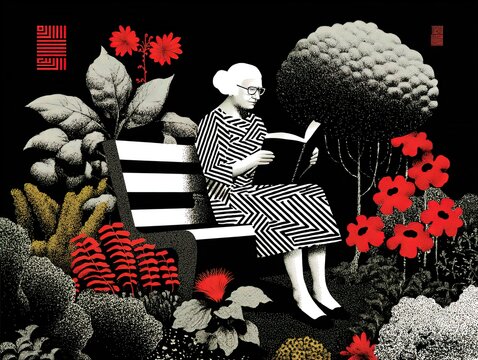 peaceful serenity: an elderly woman reading in a blooming park - perfect for a tranquil home decor poster or inspirational interior design