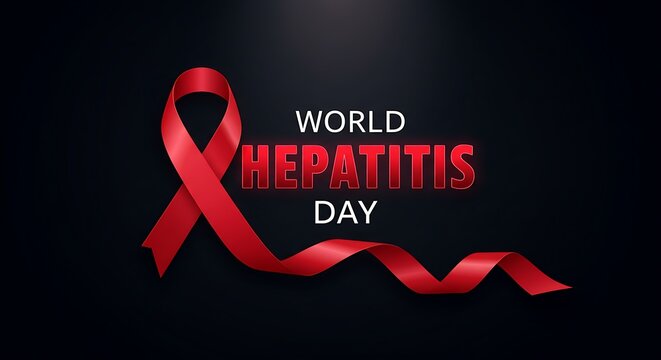 Red ribbon symbolizes World Hepatitis Day awareness campaign.