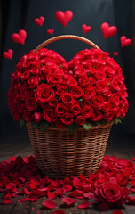 A beautiful bouquet of red roses, some in a heart shape and others in a basket, evoke spring