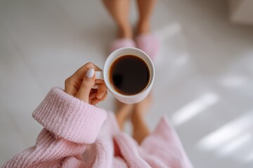 Woman holding a white mug of coffee banner