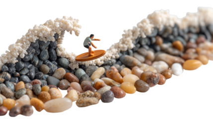  Miniature Surfer Riding Waves Made of Pebbles on Transparent Background