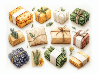 Fototapeta premium Set of eco paper packaging for spices and herbs. Watercolor style illustration isolated on white background