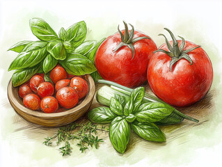 Ripe red tomatoes and green basil. Watercolor style illustration
