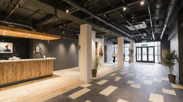 Modern lobby area with reception desk and industrial ceiling design