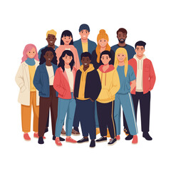 Obraz premium Vector flat design of a diverse group of young adults in modern clothing, representing unity, inclusivity, and individuality across cultures and styles. White background.