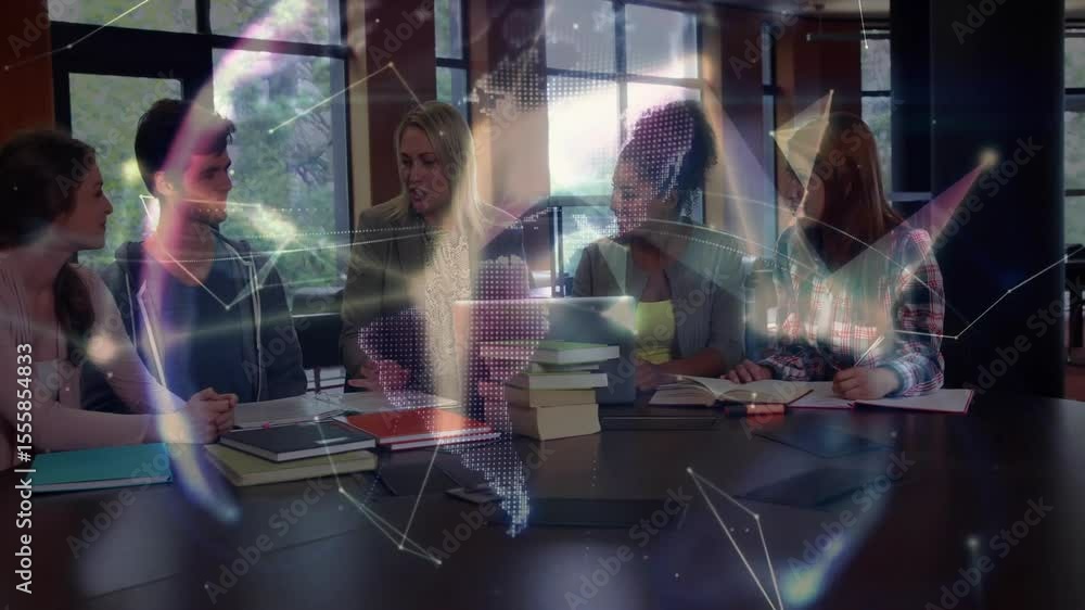 Poster instructor gesturing laptop screen in education students watching data lines merging into 3d globe