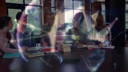 Instructor gesturing laptop screen in education students watching data lines merging into 3D globe - Powered by Adobe