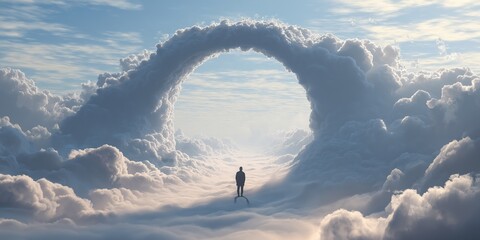 Man standing in front of heaven gate in the sky background wallpaper with copy space. Christian religious backdrop