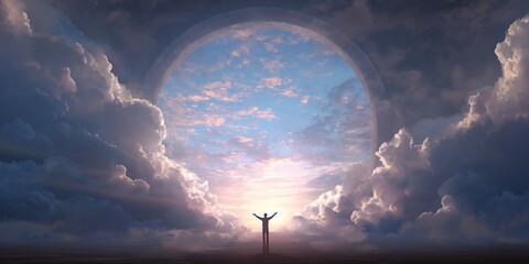Man standing in front of heaven gate in the sky background wallpaper with copy space. Christian religious backdrop