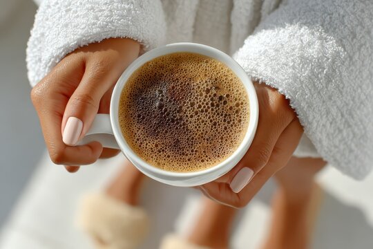 Woman holding a white mug of coffee banner
