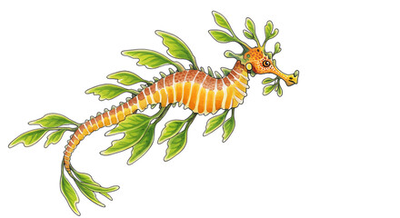 Obraz premium Leafy Seadragon Illustration: Vibrant Orange and Green Marine Life Artwork watercolor png, transparent isolated nackground