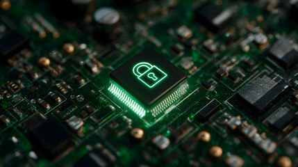 A glowing green padlock icon on a microchip on a green circuit board close up security concept