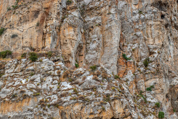 Cefalu Rock, a cliff in Sicily, Italy. Texture of sedimentary rock layers, a close-up view.
