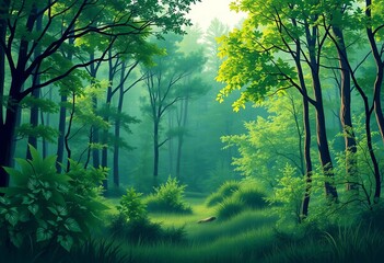 Abstract green forest border, lush woodland scene with trees, shrubs, grass Summer nature panorama Flat vector illustration,   eco,  isolated