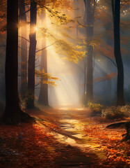 A foggy forest with soft light rays, empty path with fallen leaves, emotional atmosphere