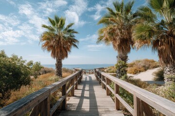 Obraz premium Wooden boardwalk on the beach banner