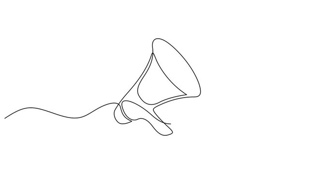 Continuous drawing line art of megaphone with black line, Animated self drawing of megaphone one line drawing hand with megaphone. Animation on white background. 4K.