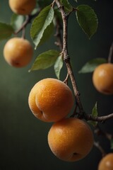 Ripe yellow apricots on tree branch with green leaves