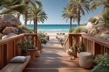 Fototapeta premium Wooden boardwalk on the beach banner