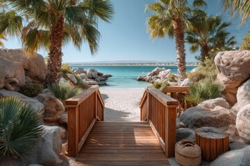 Fototapeta premium Wooden boardwalk on the beach banner