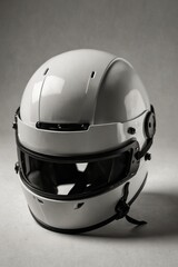 Fototapeta premium White motorcycle helmet on gray studio background