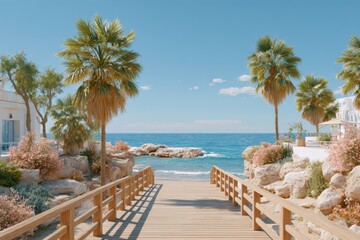 Fototapeta premium Wooden boardwalk on the beach banner