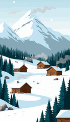 Winter landscape with wooden cabins and snow-covered mountains  