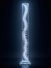 A futuristic visualization of the human spinal cord, depicted as a translucent glass column with glowing neural pathways, bathed in ethereal light against an infinite dark space.