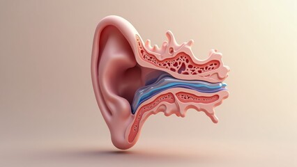 A detailed anatomical rendering of the human inner ear showcases intricate labyrinthine structures through a delicate cutaway view, bathed in soft sidelighting against a muted pastel backdrop.